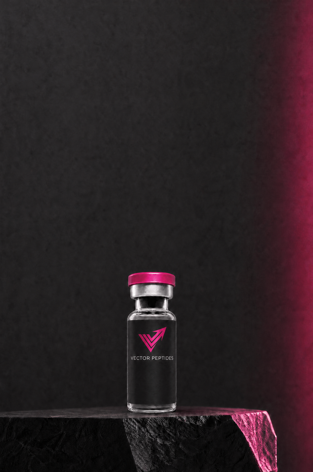 Vector Peptides research vial on a dark graphite pedestal under magenta edge-light